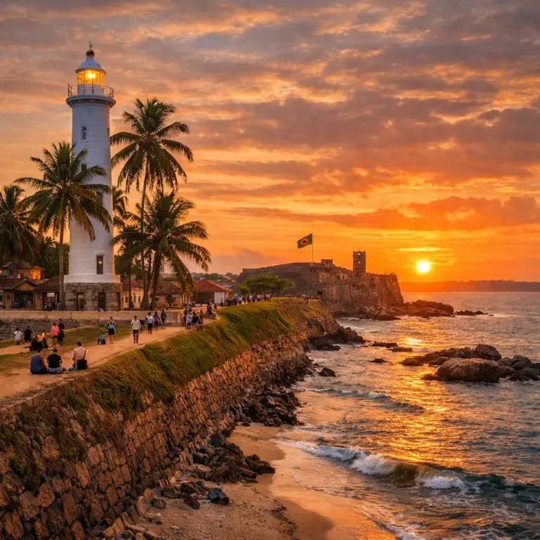 Galle Fort lighthouse and ramparts at sunset overlooking the Indian Ocean in Sri Lanka.