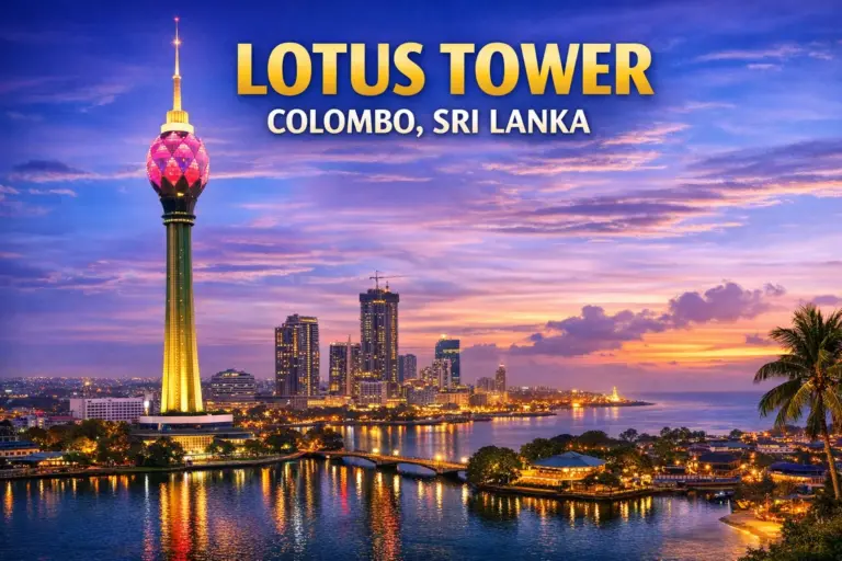 Lotus Tower Colombo Sri Lanka illuminated at twilight with city skyline and Beira Lake reflections