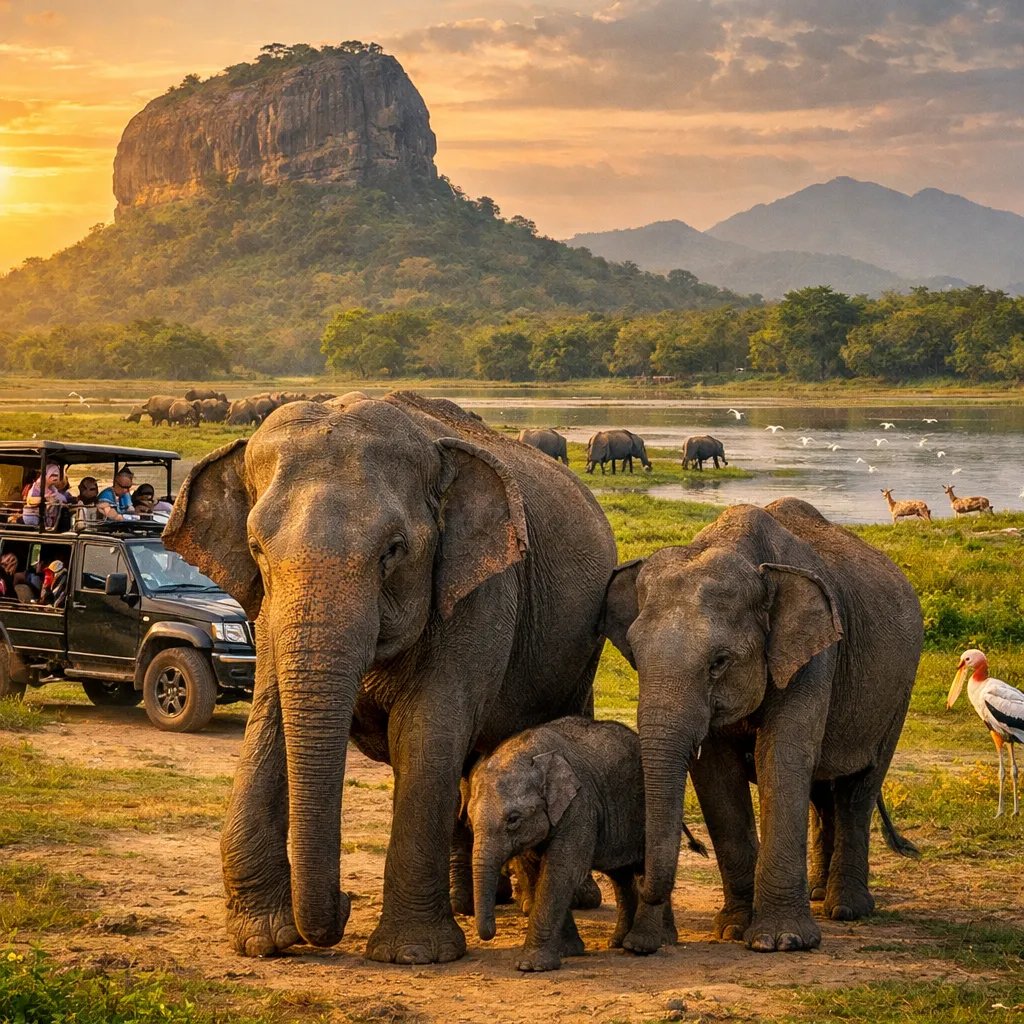 Sri Lankan wild elephants with safari jeep and Sigiriya Rock in background at sunset