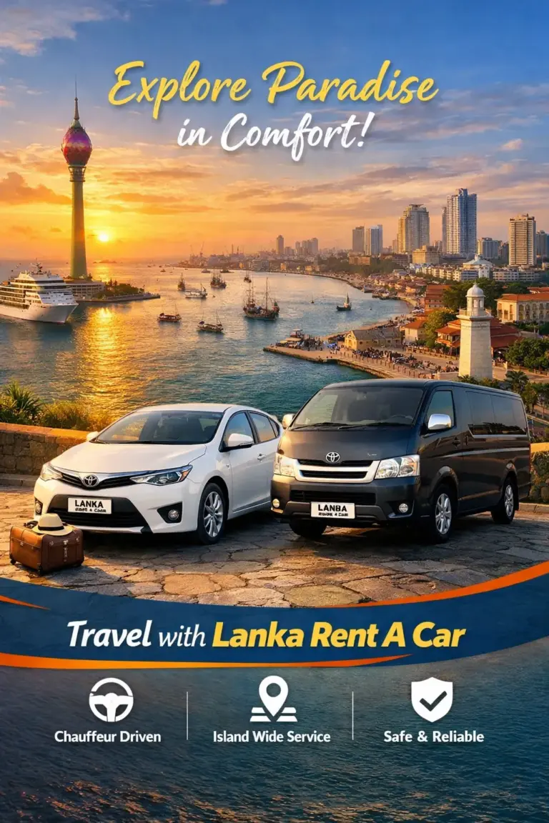 Colombo Port City skyline at sunset with Lanka Rent a Car vehicles promoting chauffeur and self-drive services in Sri Lanka