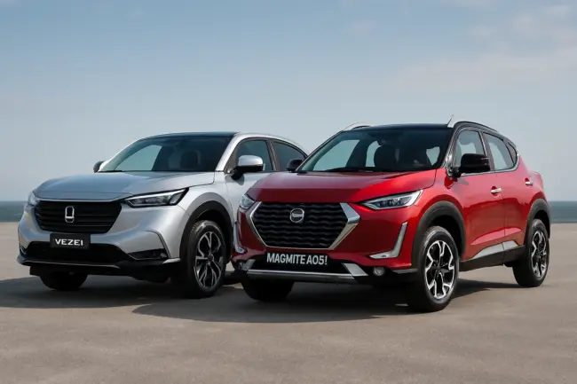 Front view of Honda Vezel and Nissan Magnite parked side by side in a clean outdoor setting, ideal for SUV rental in Sri Lanka