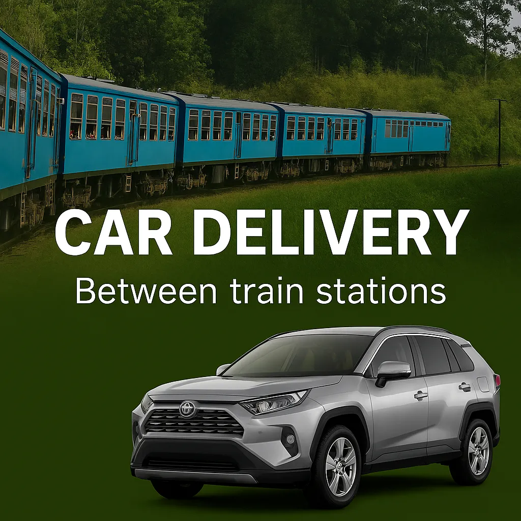 Car delivery service between train stations in Sri Lanka – blue train in hill country with SUV parked nearby