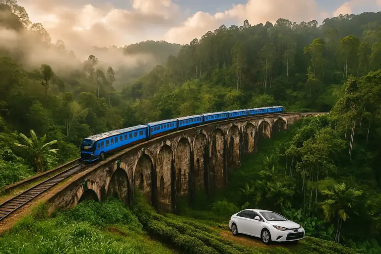Blue passenger train crossing Nine Arches Bridge in Sri Lanka with lush forest and misty hills, white sedan digitally added in foreground