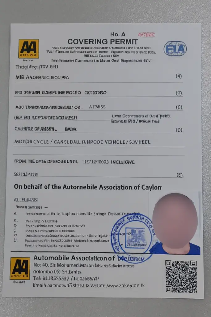Sri Lankan temporary driving permit sample for international tourists
