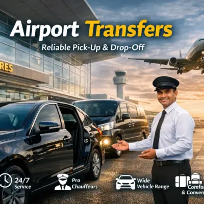 Chauffeur standing beside luxury sedan at Colombo airport for reliable airport transfer service in Sri Lanka