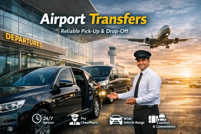 Chauffeur standing beside luxury sedan at Colombo airport for reliable airport transfer service in Sri Lanka
