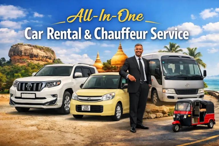 Feature image showing luxury SUV, budget car, minibus, chauffeur, and Sri Lankan landmarks with text “All‑in‑One Car Rental & Chauffeur Service.