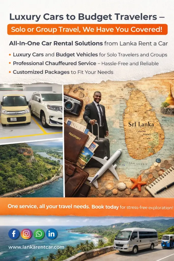 Promotional banner for Lanka Rent a Car showcasing luxury SUVs, budget cars, chauffeur service, and group travel options across Sri Lanka.