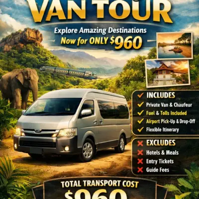 Sri Lanka 10-Day Private Van Tour promotional poster showing van, Sigiriya, beach, and tour highlights for $960