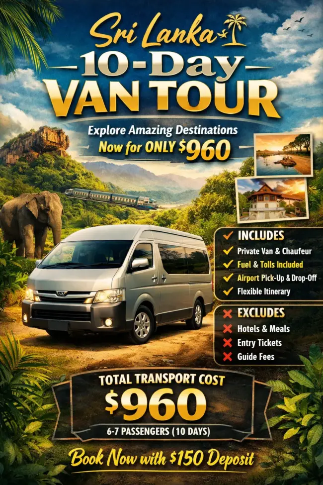 Sri Lanka 10-Day Private Van Tour promotional poster showing van, Sigiriya, beach, and tour highlights for $960