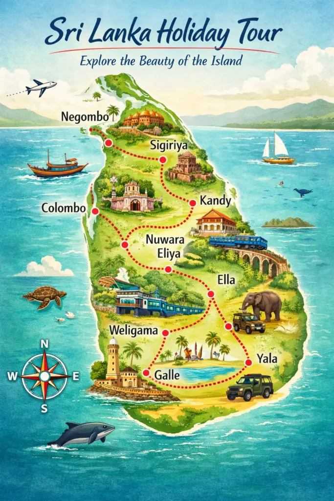 Sri Lanka holiday route map showing Negombo, Sigiriya, Kandy, Nuwara Eliya, Ella, Yala, Weligama, Galle, and Colombo by Lanka Rent a Car Holdings Pvt. Ltd