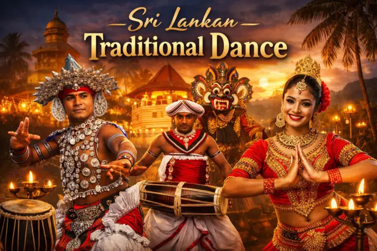 Sri Lankan Kandyan dancers performing traditional dance with temple backdrop at sunset